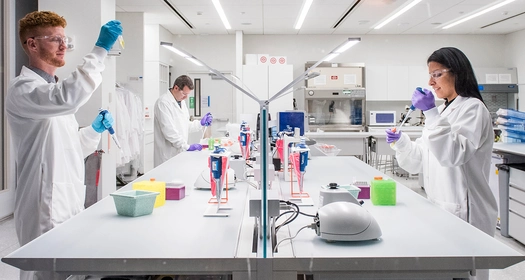 Plusieurs scientifiques de Novartis dans un environnement de laboratoire moderne et lumineux.